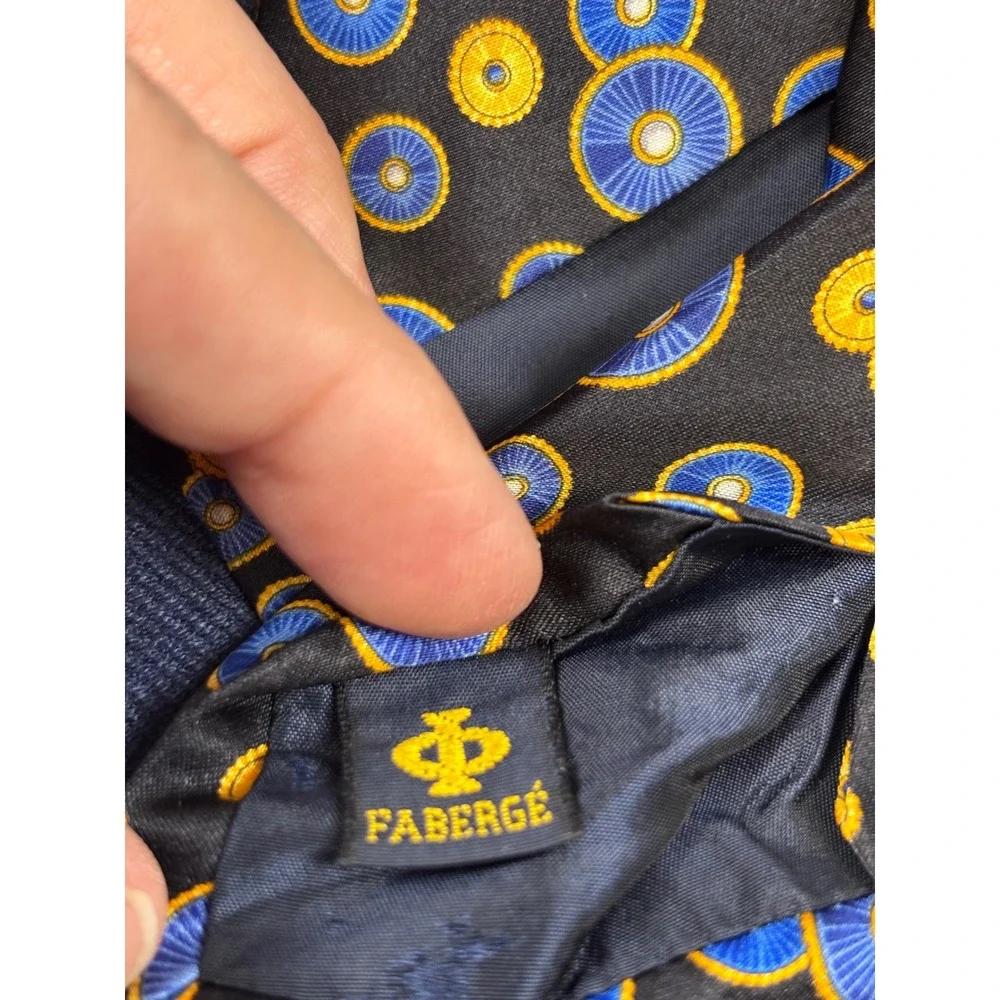 Faberge Silk Necktie Mens Black Blue Yellow Geometric Circle Handmade USA 4x57
